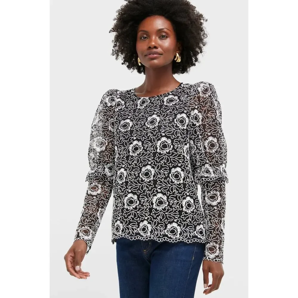 Tuckernuck Black Lace Floral Long-Sleeve Blouse with White Embroidery